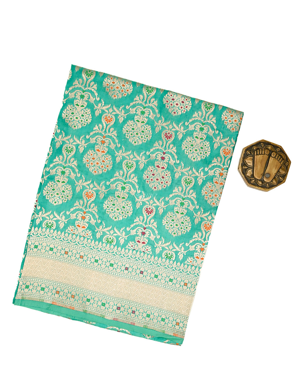 Sea Green Meenakari Jaal Katan Silk Handloom Banarasi Fabric - Sacred Weaves