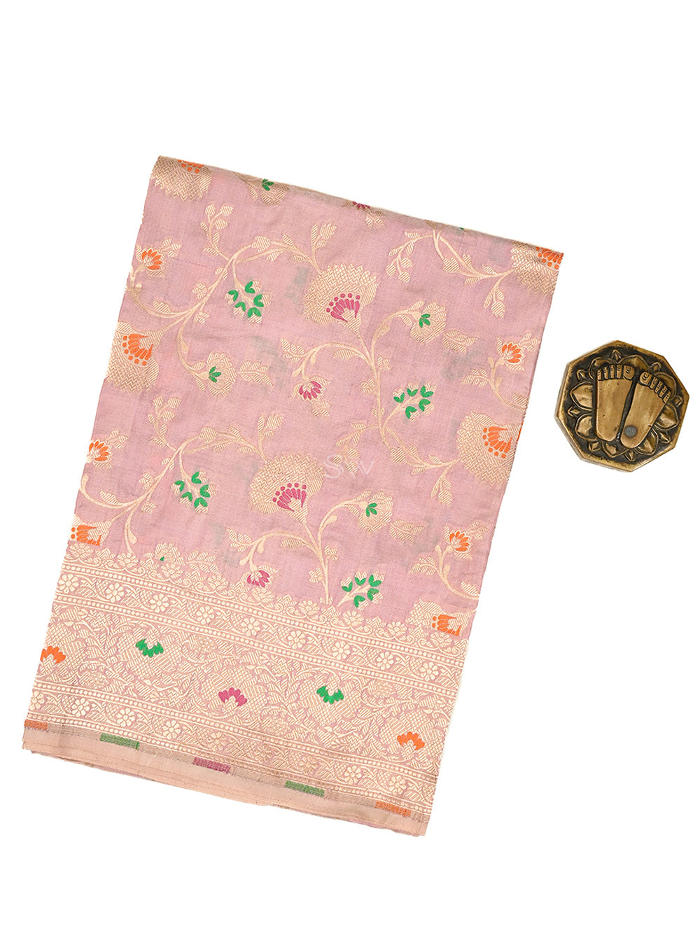 Pastel Pink Meenakari Jaal Katan Silk Handloom Banarasi Fabric - Sacred Weaves