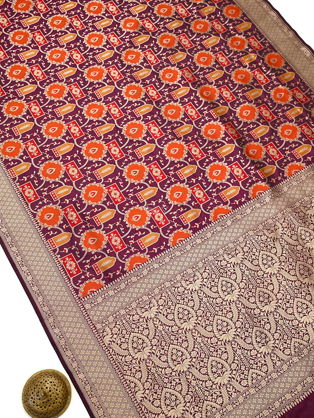 Wine Rangkat Jaal Katan Silk Handloom Banarasi Saree - Sacred Weaves