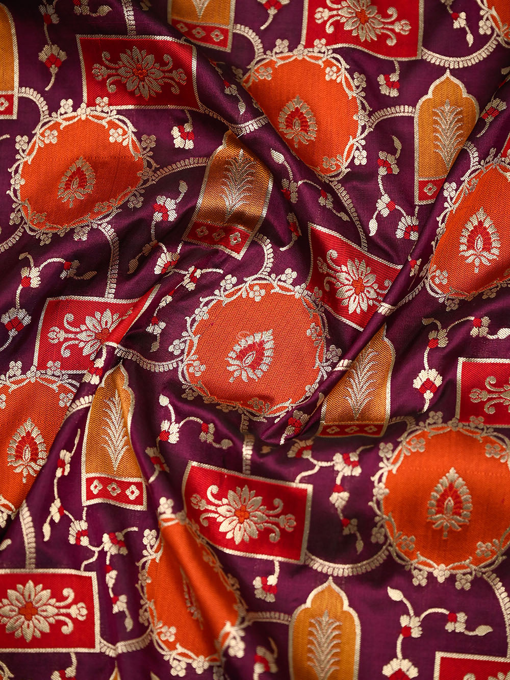 Wine Rangkat Jaal Katan Silk Handloom Banarasi Saree - Sacred Weaves