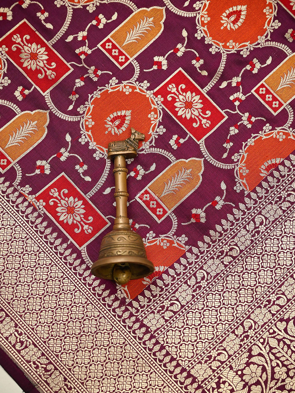 Wine Rangkat Jaal Katan Silk Handloom Banarasi Saree - Sacred Weaves