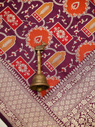 Wine Rangkat Jaal Katan Silk Handloom Banarasi Saree - Sacred Weaves