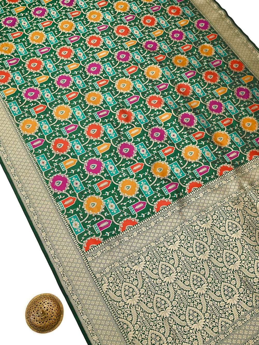 Bottle Green Rangkat Jaal Katan Silk Handloom Banarasi Saree - Sacred Weaves