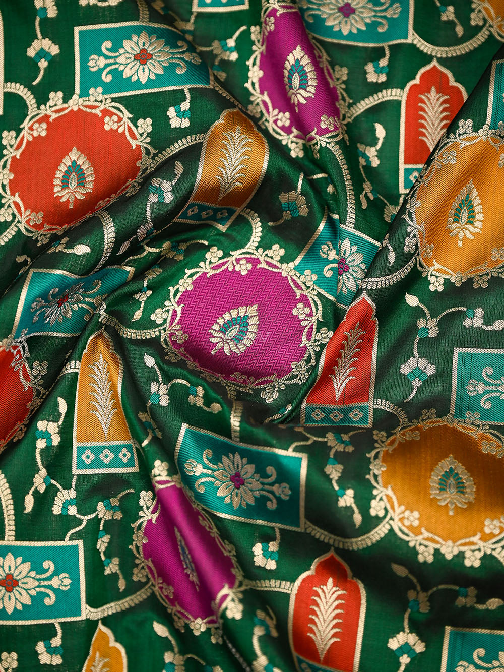 Bottle Green Rangkat Jaal Katan Silk Handloom Banarasi Saree - Sacred Weaves