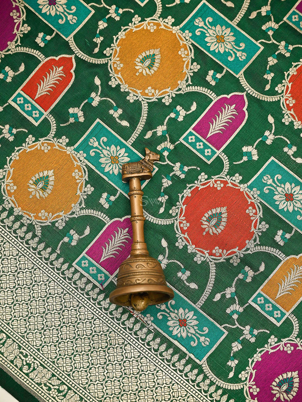Bottle Green Rangkat Jaal Katan Silk Handloom Banarasi Saree - Sacred Weaves