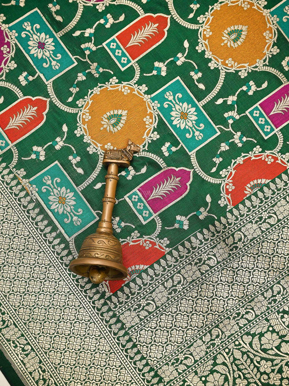 Bottle Green Rangkat Jaal Katan Silk Handloom Banarasi Saree - Sacred Weaves