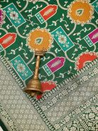 Bottle Green Rangkat Jaal Katan Silk Handloom Banarasi Saree - Sacred Weaves