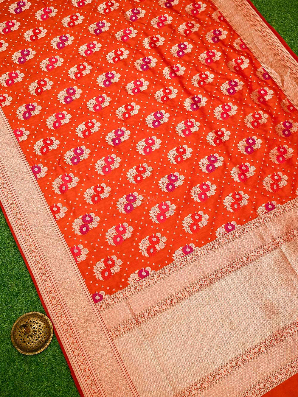 Orange Red Meenakari Katan Silk Handloom Banarasi Saree - Sacred Weaves