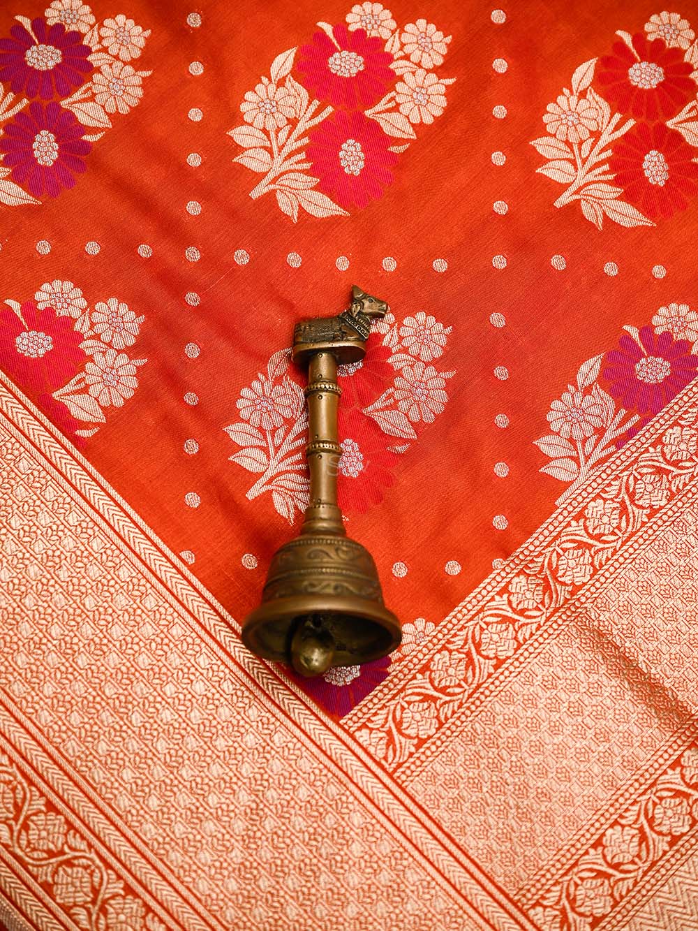 Orange Red Meenakari Katan Silk Handloom Banarasi Saree - Sacred Weaves