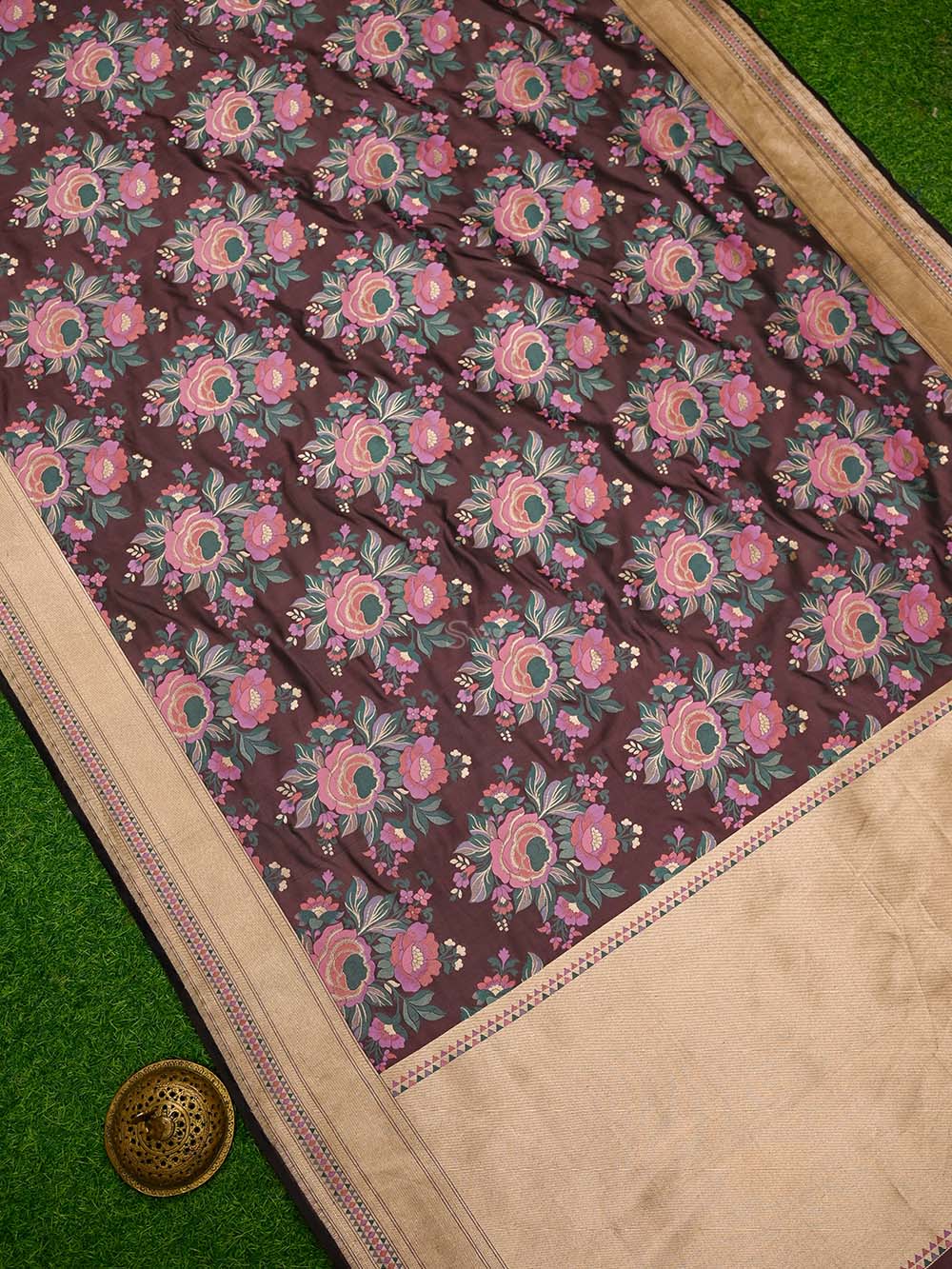 Dark Brown Meenakari Katan Silk Handloom Banarasi Saree - Sacred Weaves