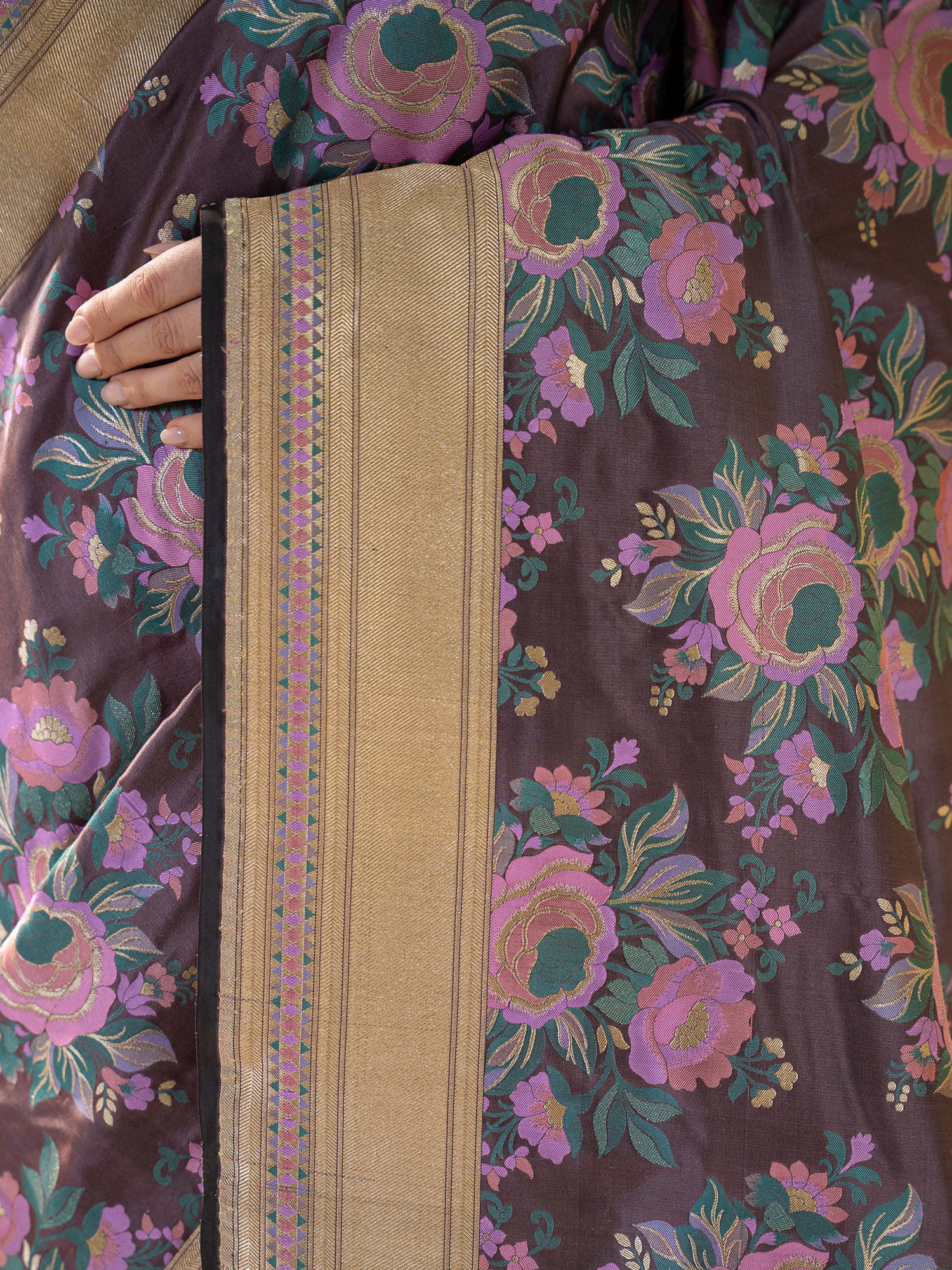 Dark Brown Meenakari Katan Silk Handloom Banarasi Saree - Sacred Weaves