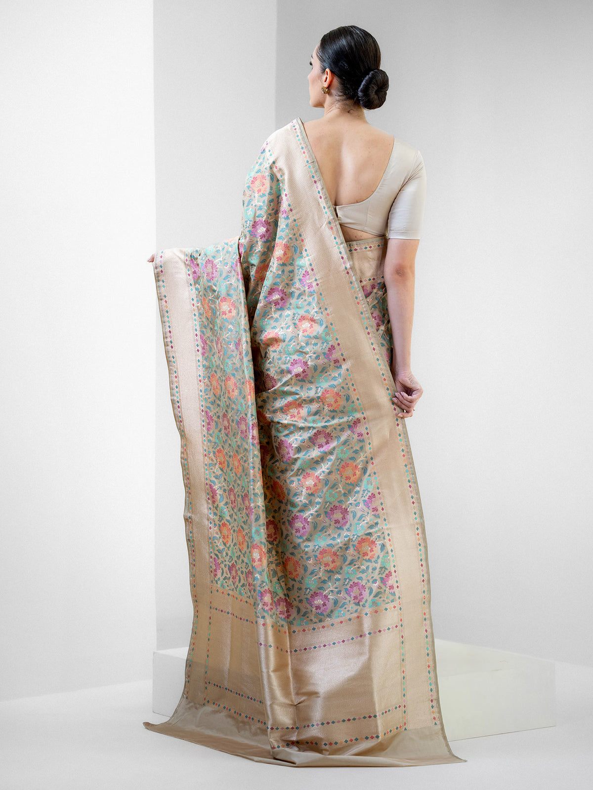 Beige Meenakari Katan Silk Handloom Banarasi Saree - Sacred Weaves