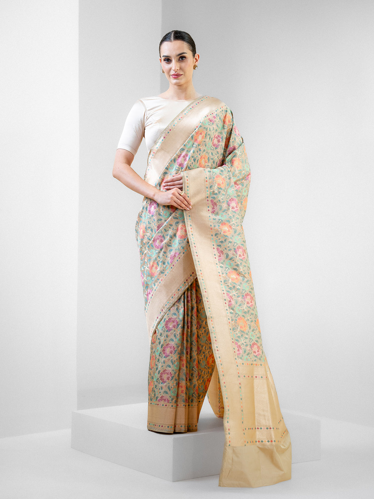 Beige Meenakari Katan Silk Handloom Banarasi Saree - Sacred Weaves