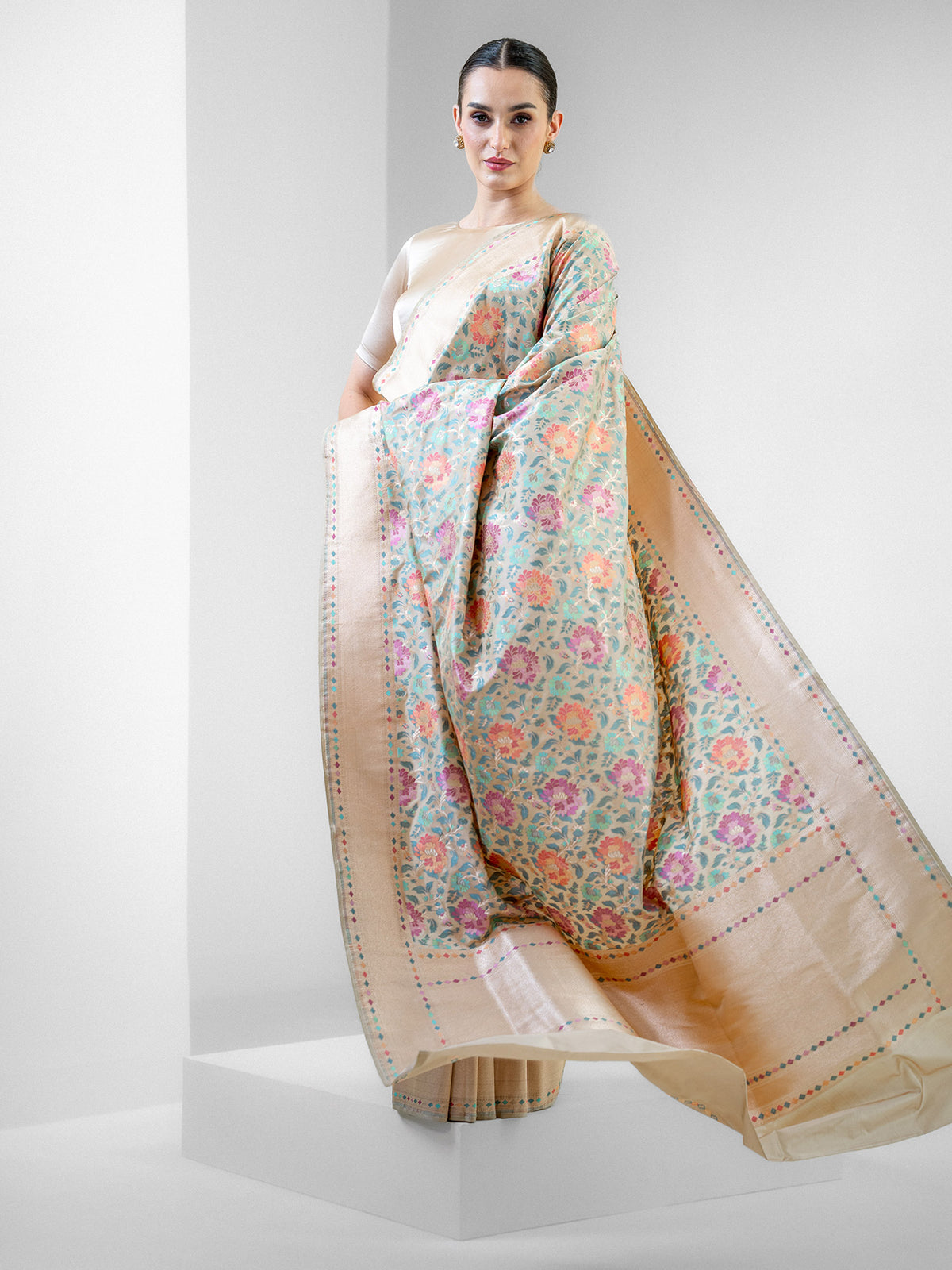 Beige Meenakari Katan Silk Handloom Banarasi Saree - Sacred Weaves