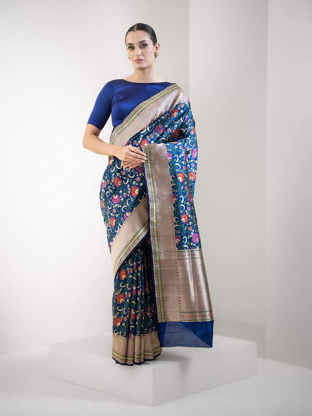 Blue Meenakari Katan Silk Handloom Banarasi Saree - Sacred Weaves
