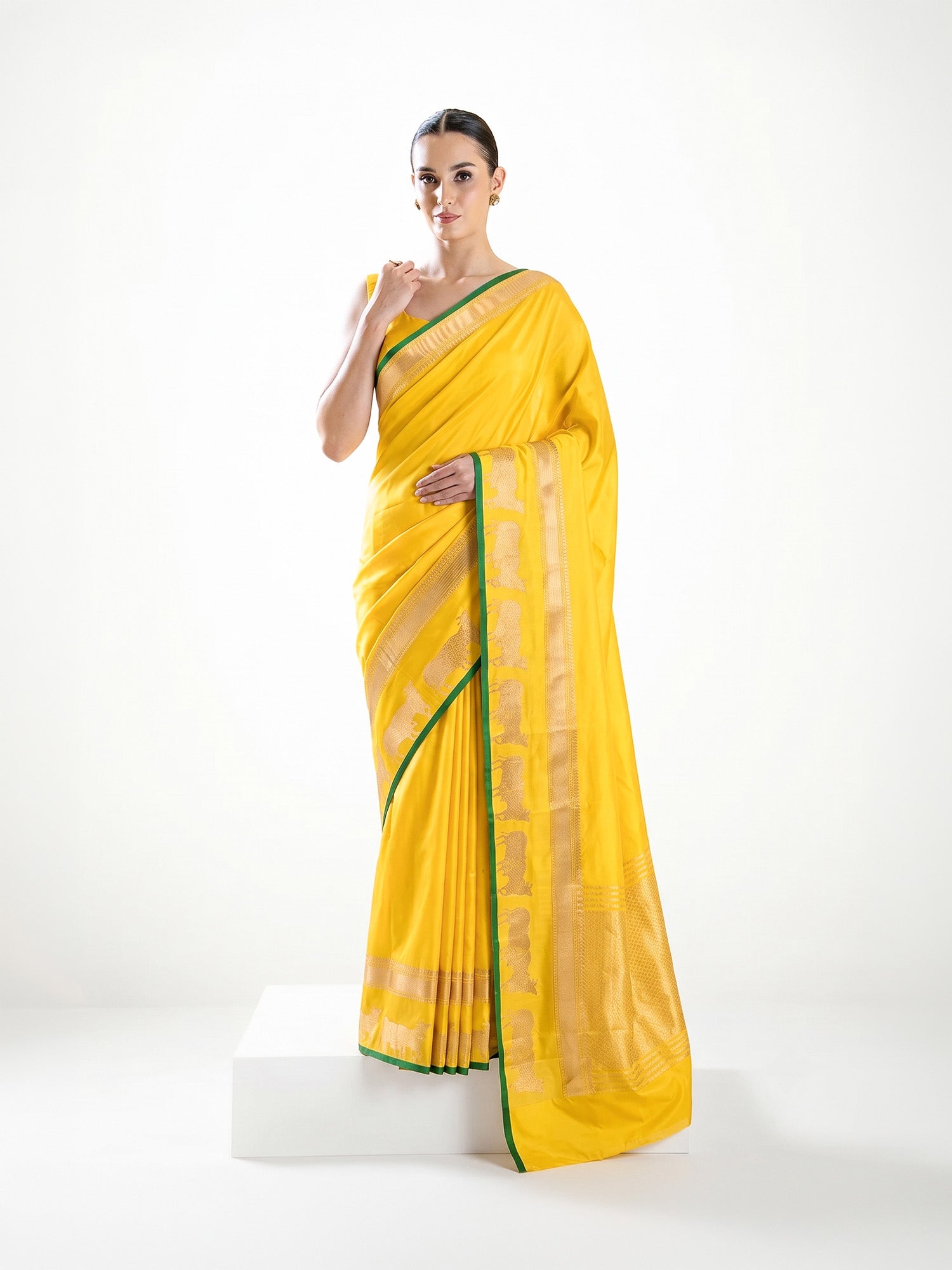 Yellow Satin Silk Handloom Banarasi Saree - Sacred Weaves