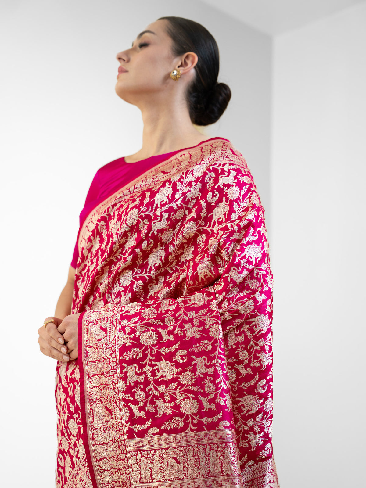 Pink Red Shikargah Katan Silk Handloom Banarasi Saree