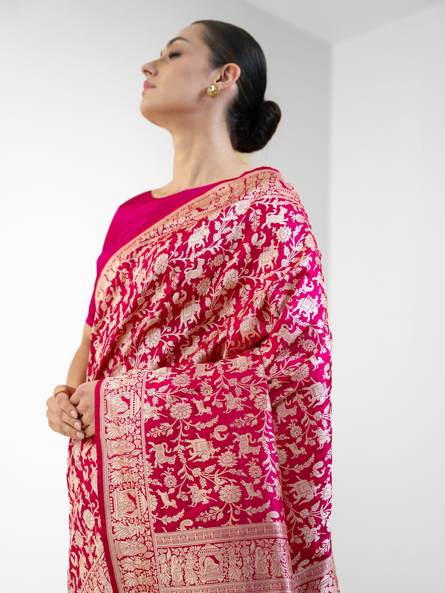 Pink Red Shikargah Katan Silk Handloom Banarasi Saree - Sacred Weaves