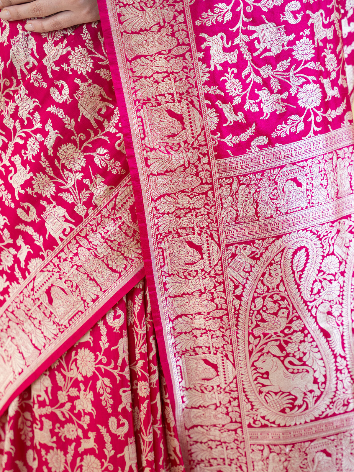 Pink Red Shikargah Katan Silk Handloom Banarasi Saree