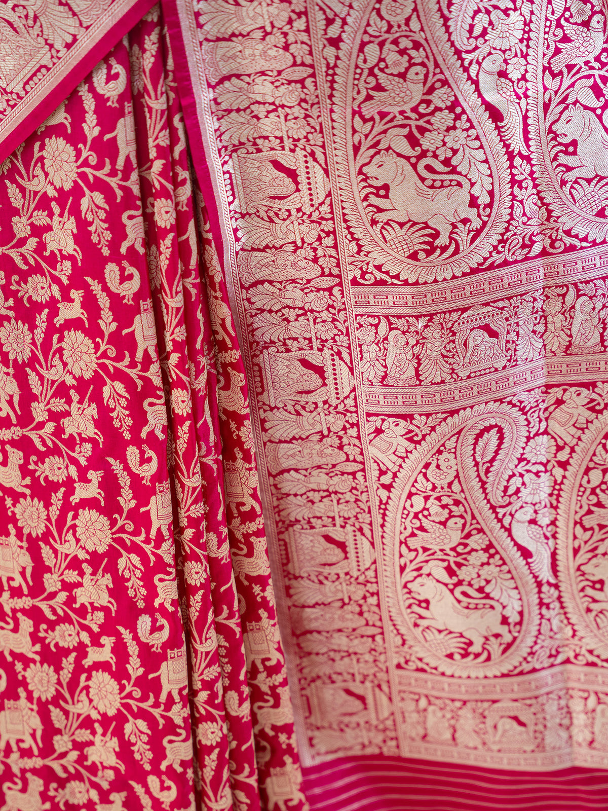 Pink Red Shikargah Katan Silk Handloom Banarasi Saree