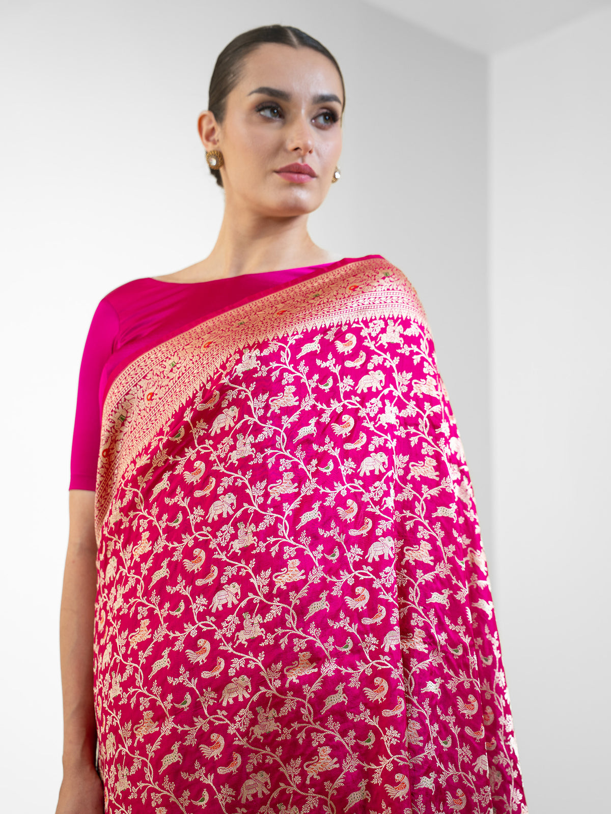 Pink Red Shikargah Katan Silk Handloom Banarasi Saree
