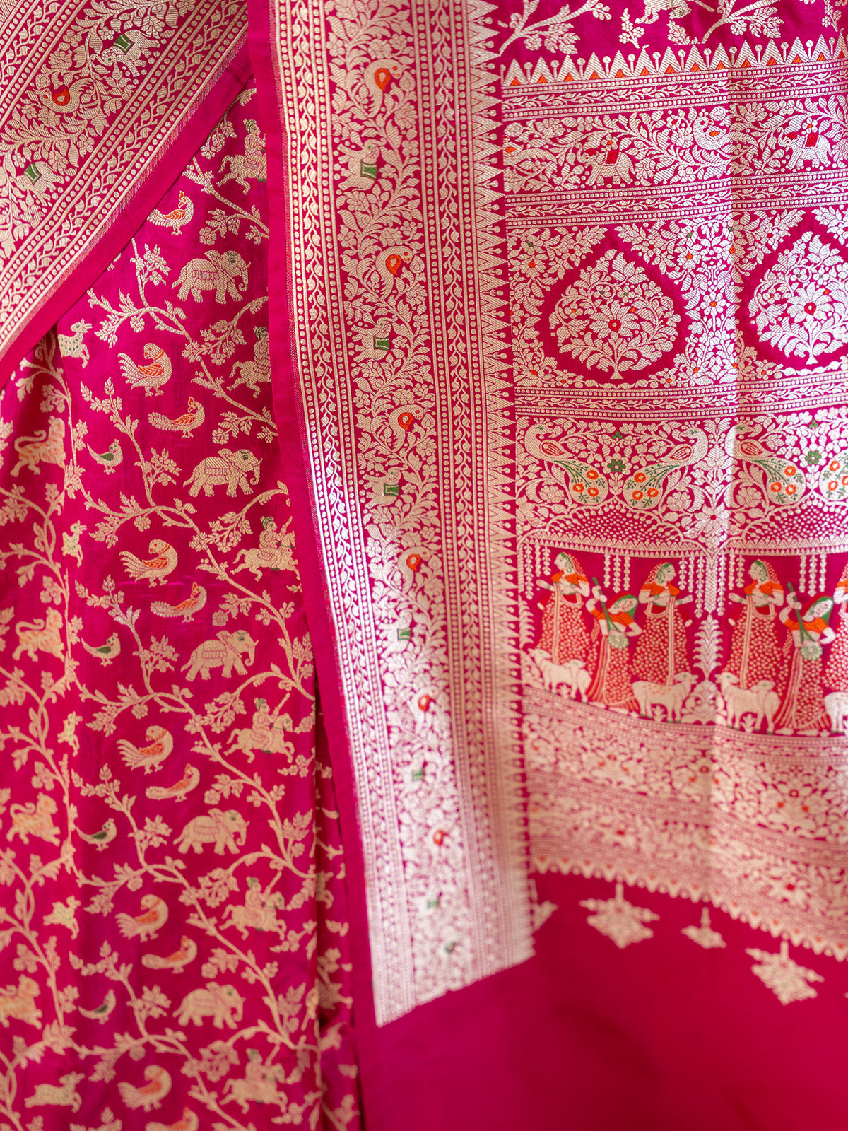 Pink Red Shikargah Katan Silk Handloom Banarasi Saree