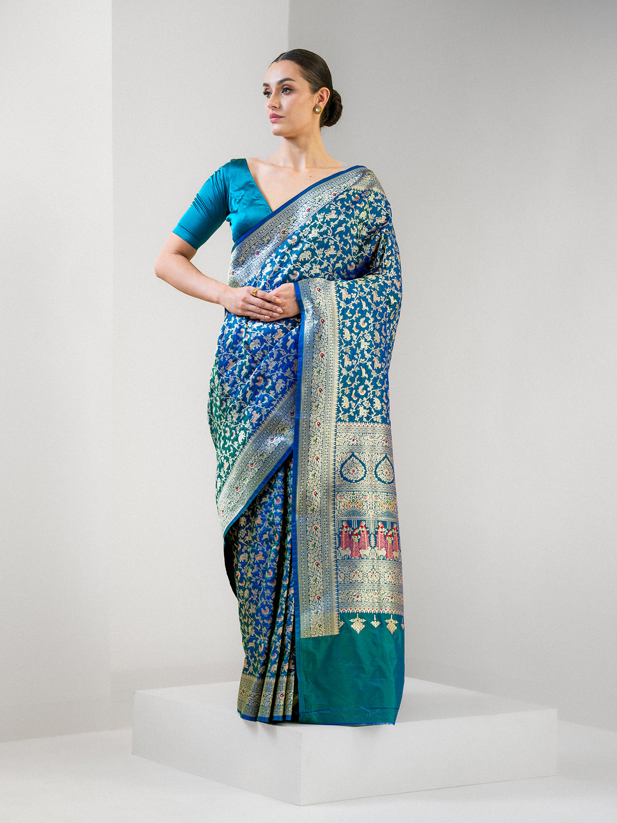 Blue Green Shikargah Katan Silk Handloom Banarasi Saree - Sacred Weaves