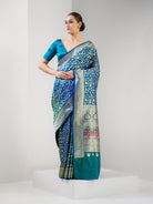 Blue Green Shikargah Katan Silk Handloom Banarasi Saree - Sacred Weaves