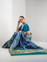 Blue Green Shikargah Katan Silk Handloom Banarasi Saree - Sacred Weaves