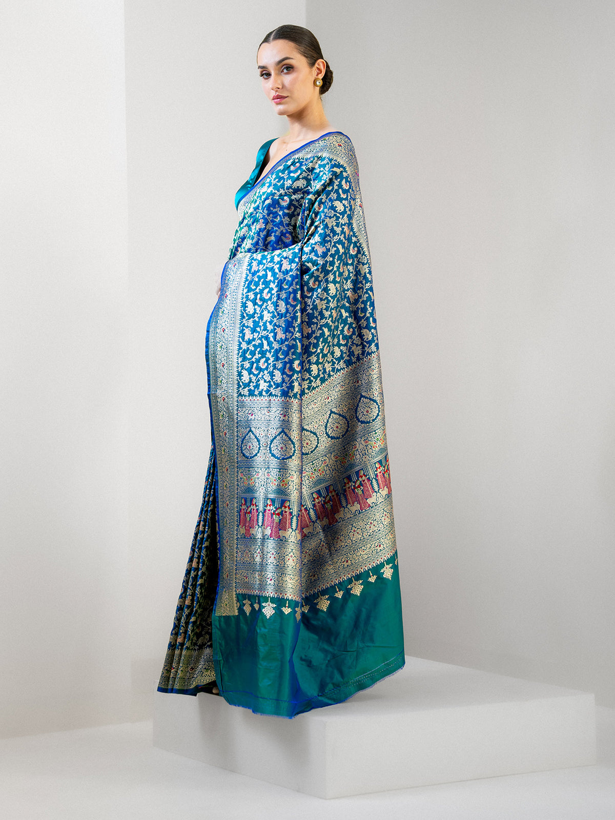 Blue Green Shikargah Katan Silk Handloom Banarasi Saree - Sacred Weaves