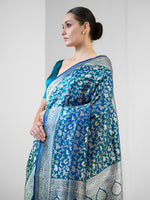 Blue Green Shikargah Katan Silk Handloom Banarasi Saree - Sacred Weaves