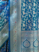 Blue Green Shikargah Katan Silk Handloom Banarasi Saree - Sacred Weaves