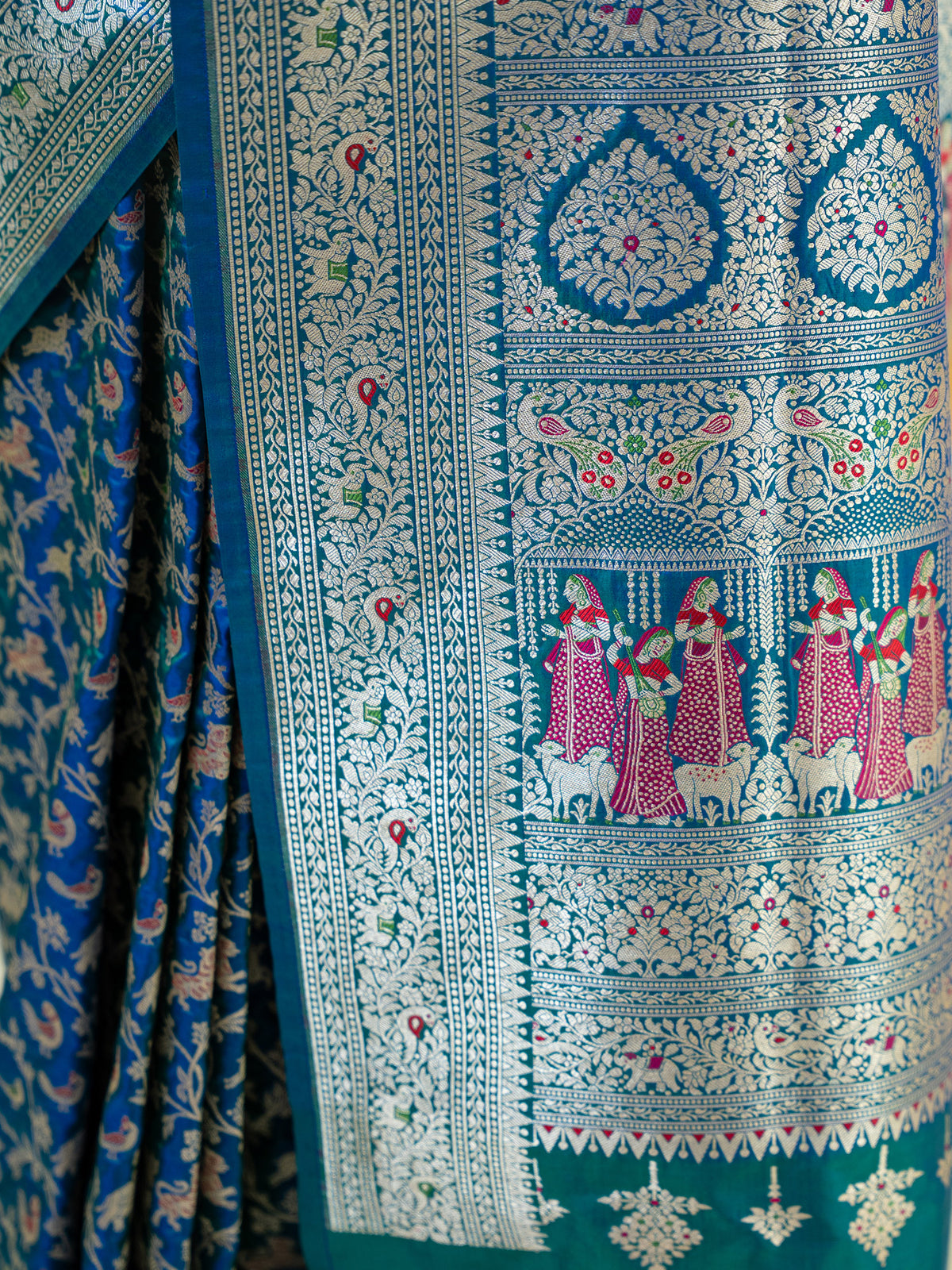 Blue Green Shikargah Katan Silk Handloom Banarasi Saree - Sacred Weaves