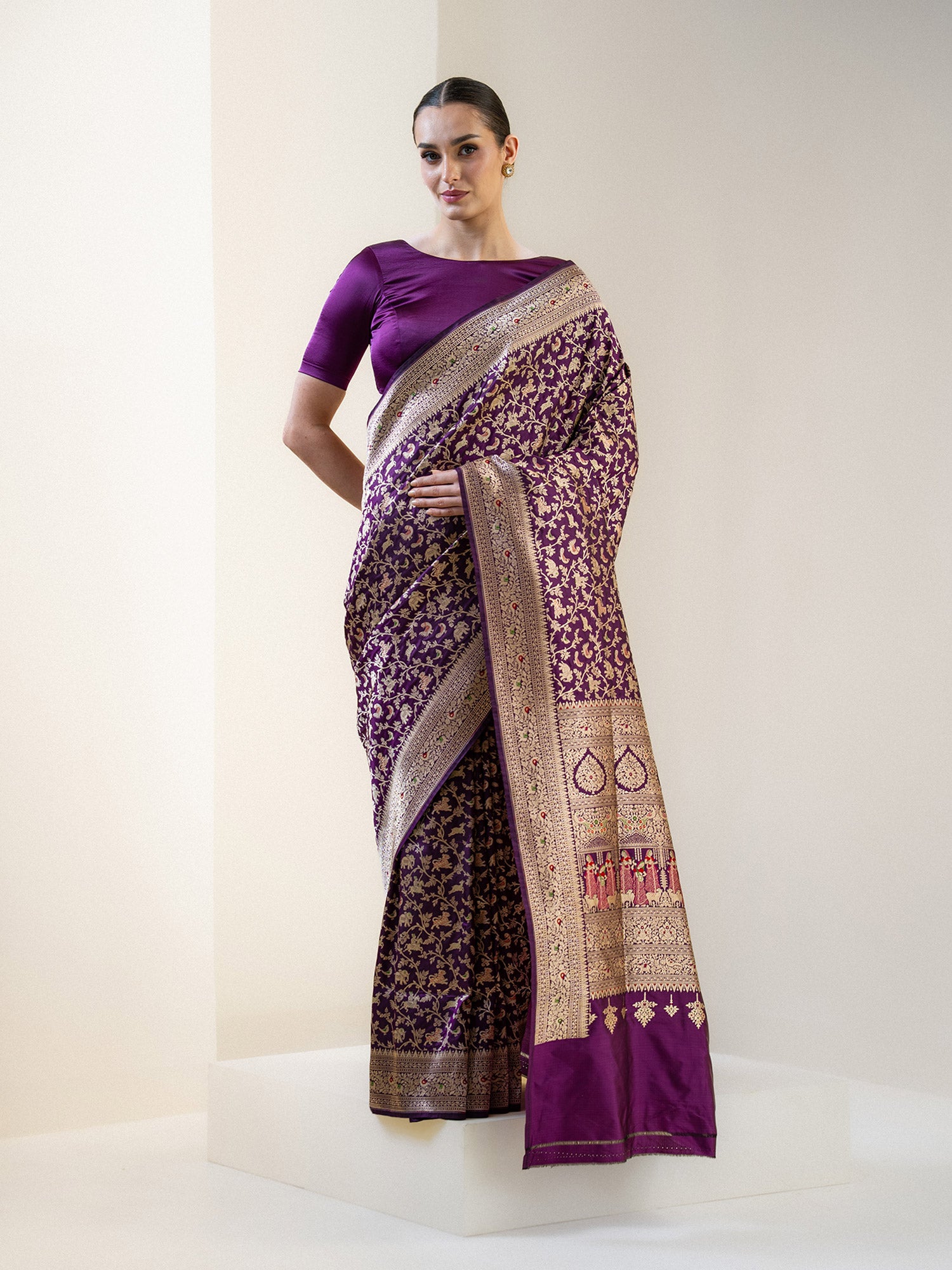 Dark Purple Shikargah Katan Silk Handloom Banarasi Saree - Sacred Weaves