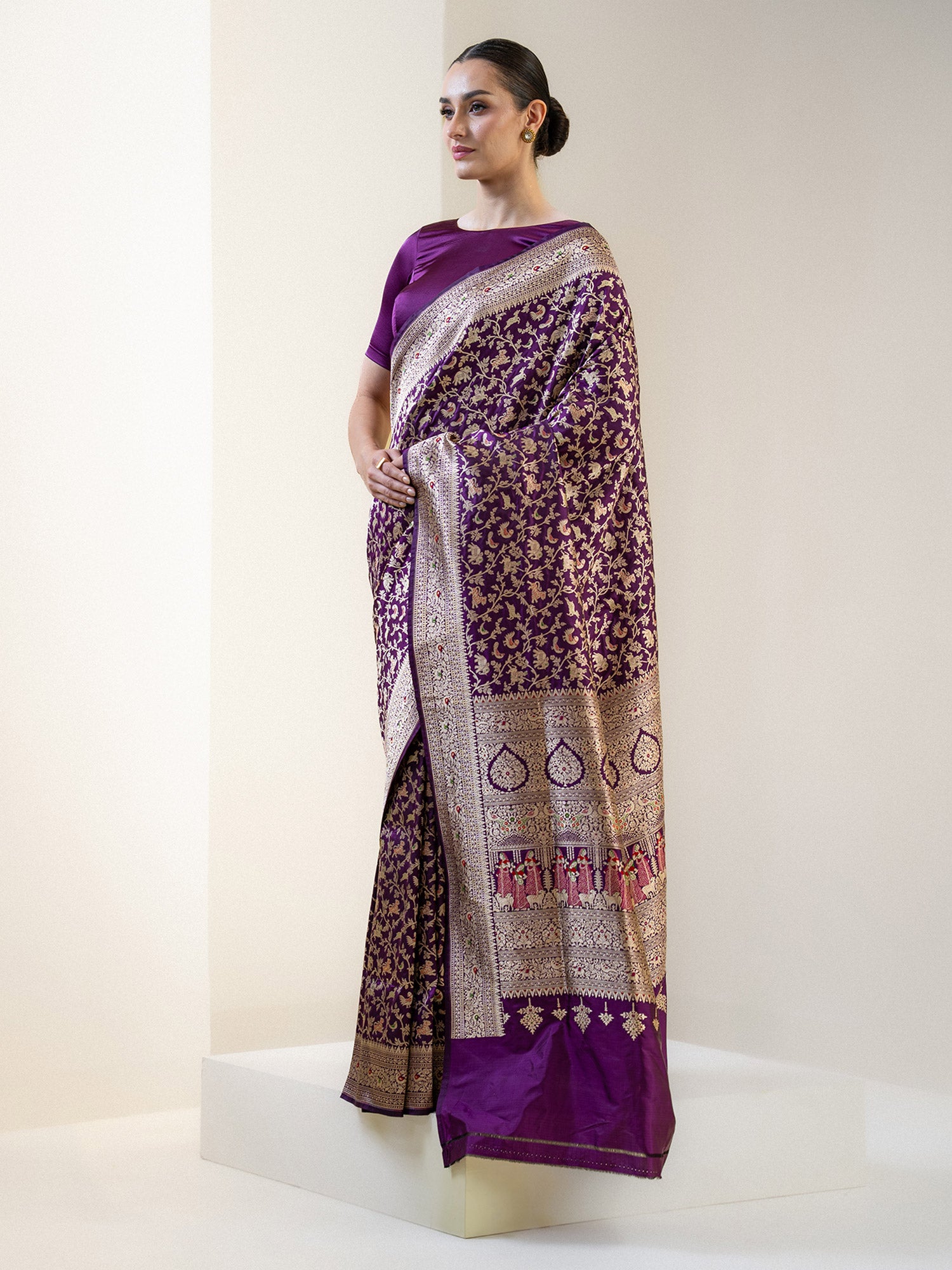 Dark Purple Shikargah Katan Silk Handloom Banarasi Saree - Sacred Weaves