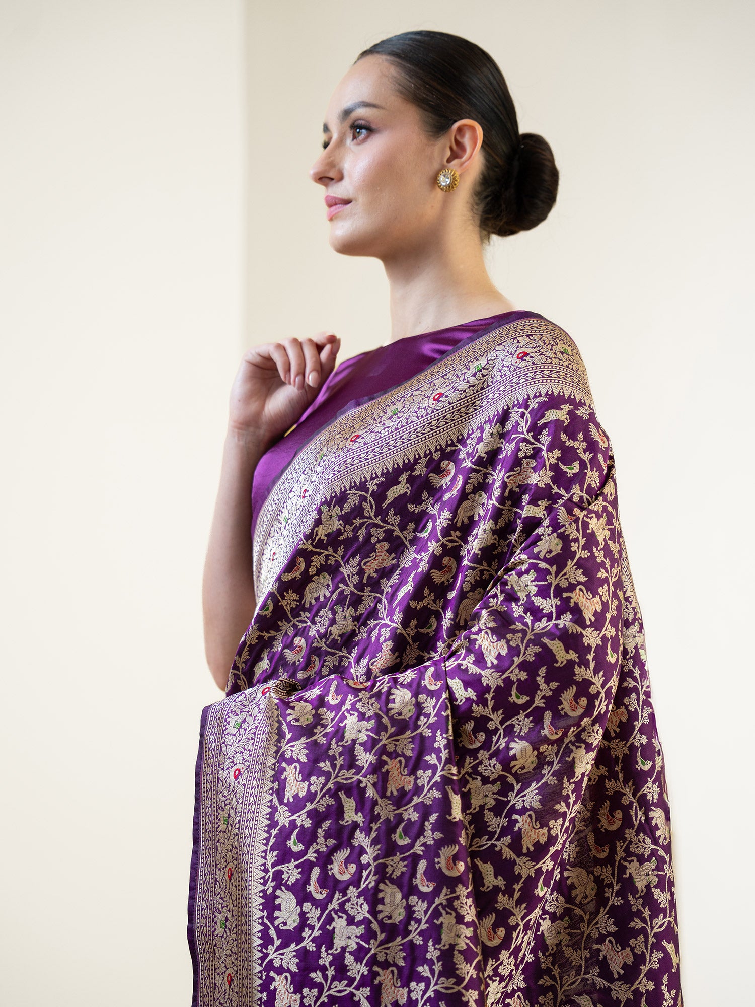 Dark Purple Shikargah Katan Silk Handloom Banarasi Saree - Sacred Weaves