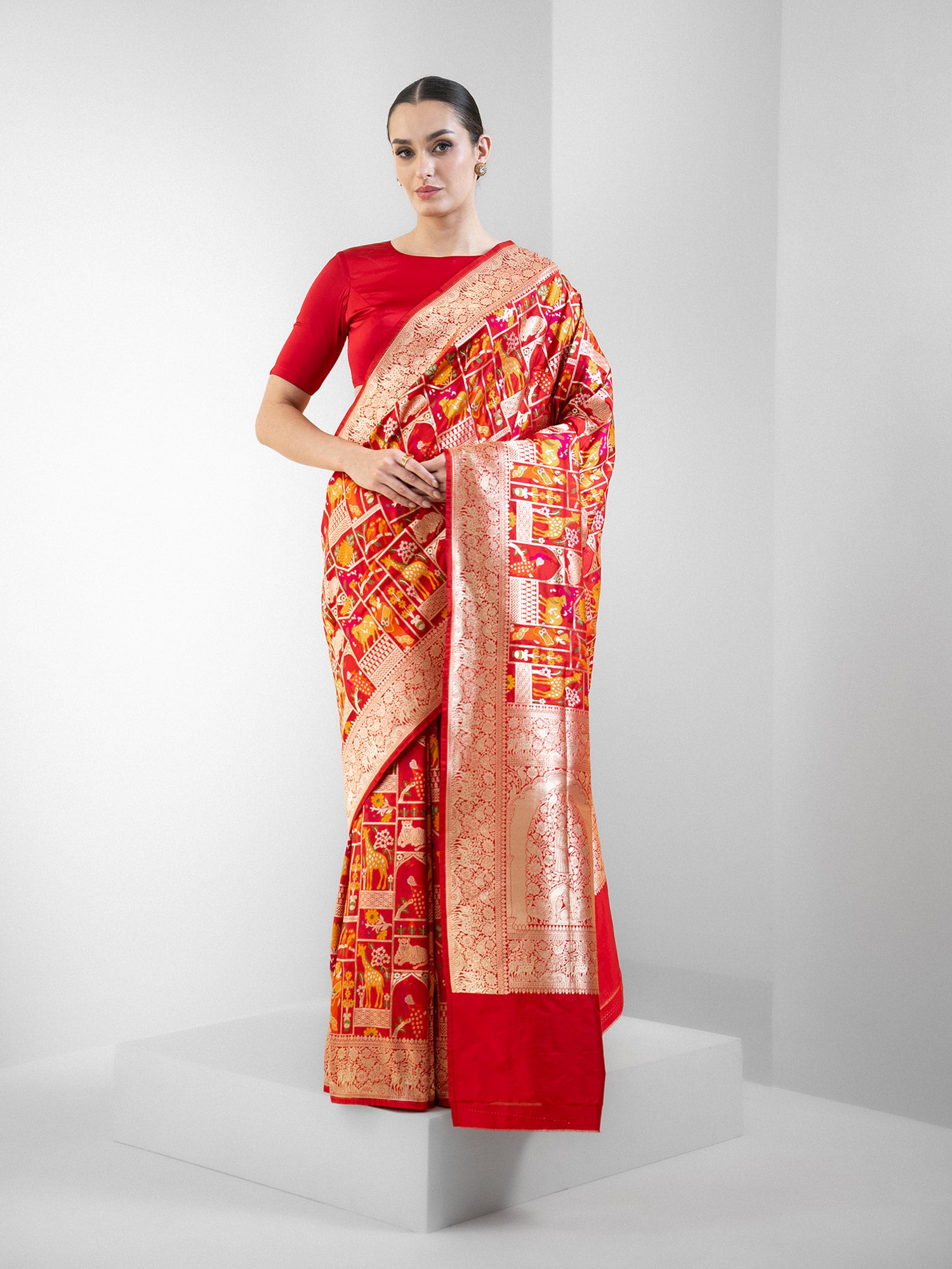 Red Meenakari Katan Silk Handloom Banarasi Saree - Sacred Weaves