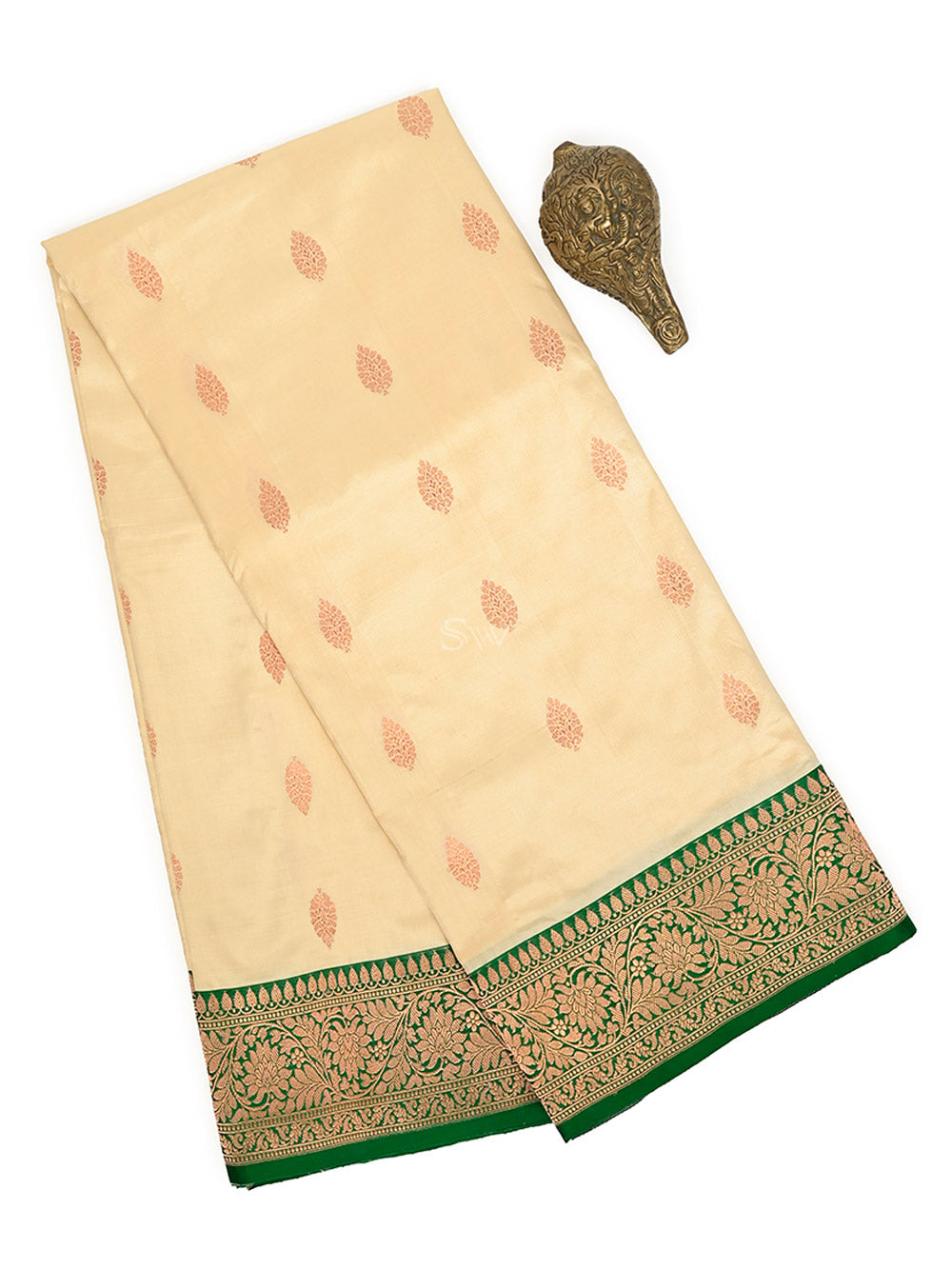 Cream Booti Katan Silk Handloom Banarasi Saree - Sacred Weaves