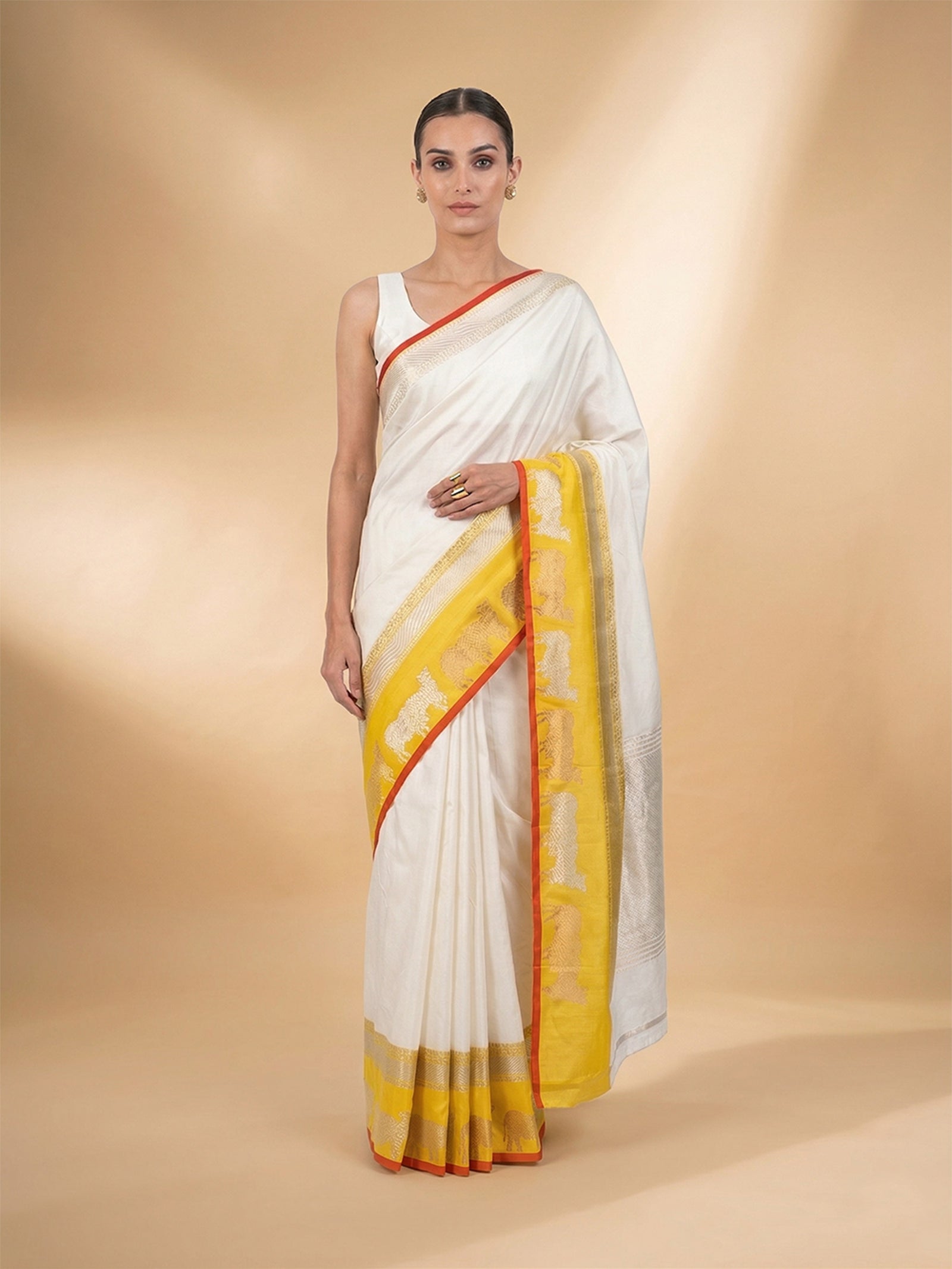 Off White Satin Silk Handloom Banarasi Saree - Sacred Weaves