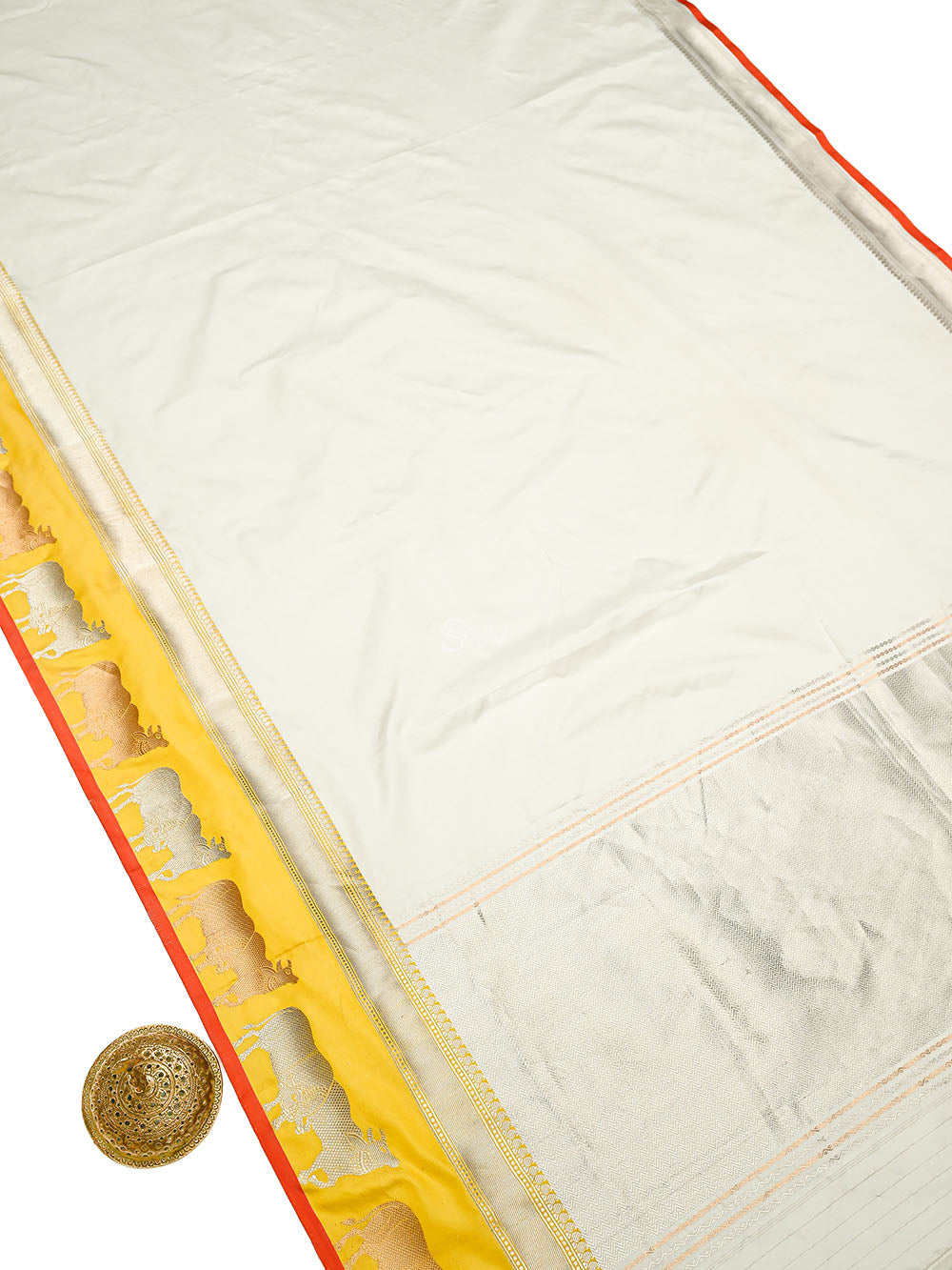 Off White Satin Silk Handloom Banarasi Saree - Sacred Weaves