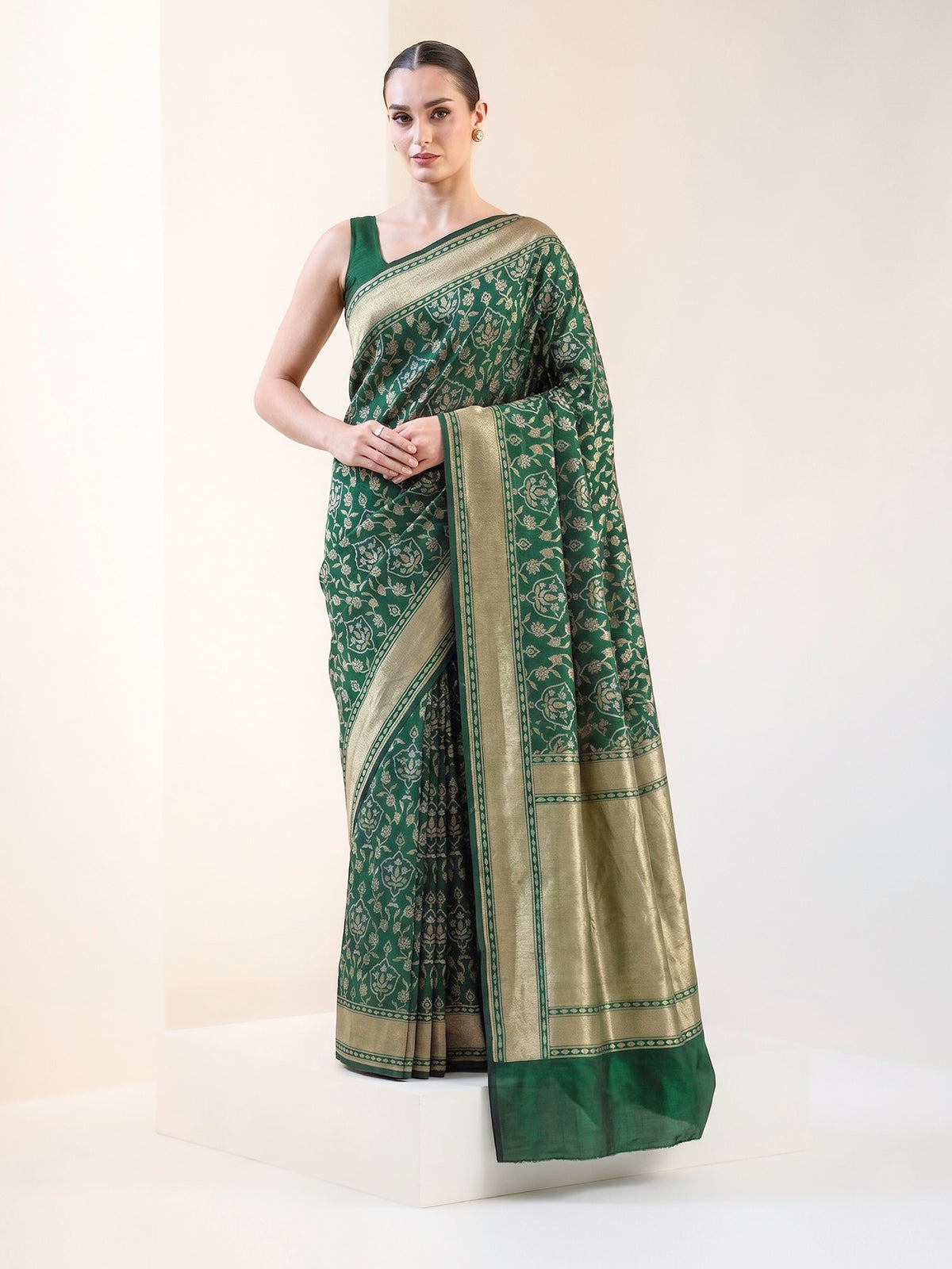 Bottle Green Sona Roopa Jaal Katan Silk Handloom Banarasi Saree