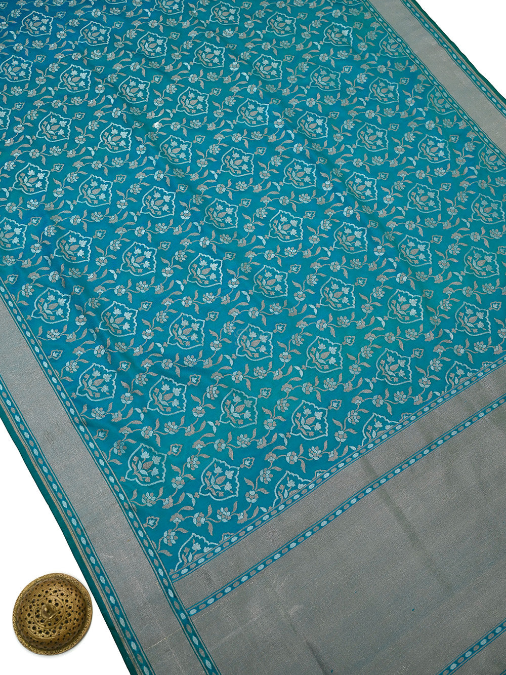 Teal Blue Sona Roopa Jaal Katan Silk Handloom Banarasi Saree - Sacred Weaves