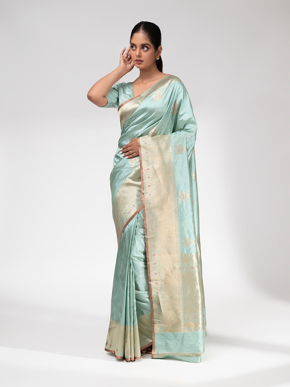 Pastel Mint Blue Meenakari Katan Silk Handloom Banarasi Saree - Sacred Weaves