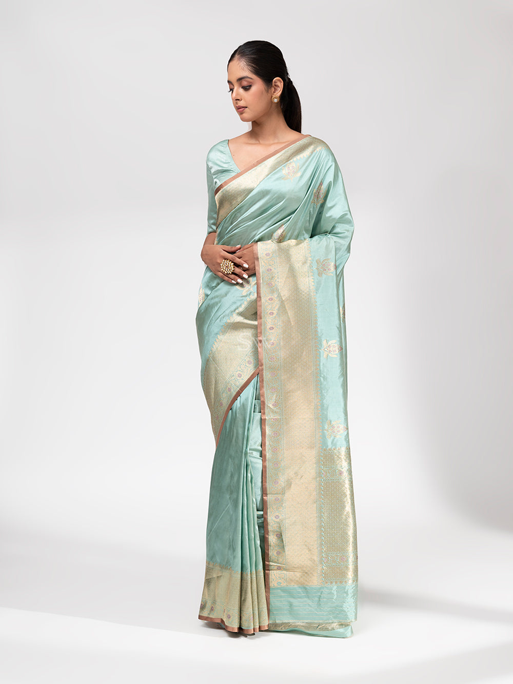 Pastel Mint Blue Meenakari Katan Silk Handloom Banarasi Saree - Sacred Weaves