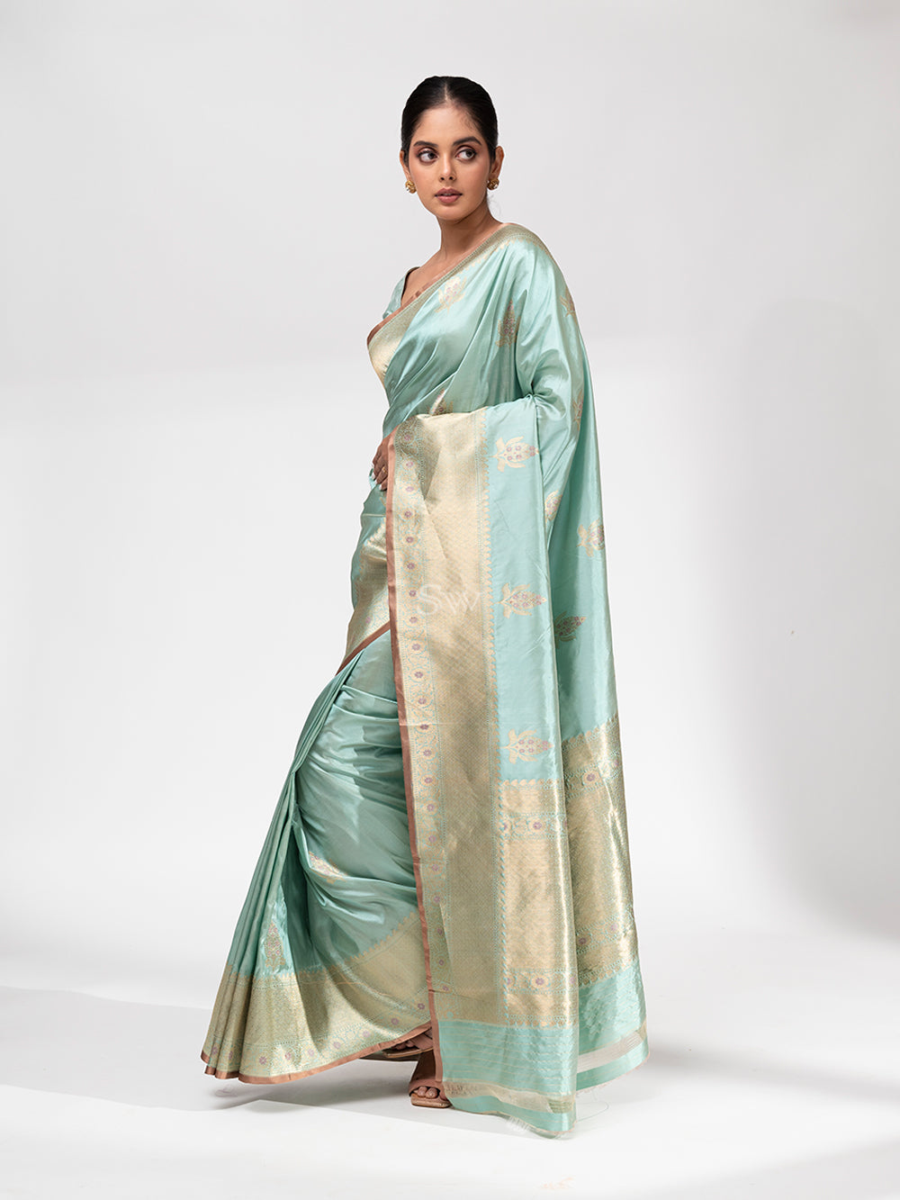 Pastel Mint Blue Meenakari Katan Silk Handloom Banarasi Saree - Sacred Weaves