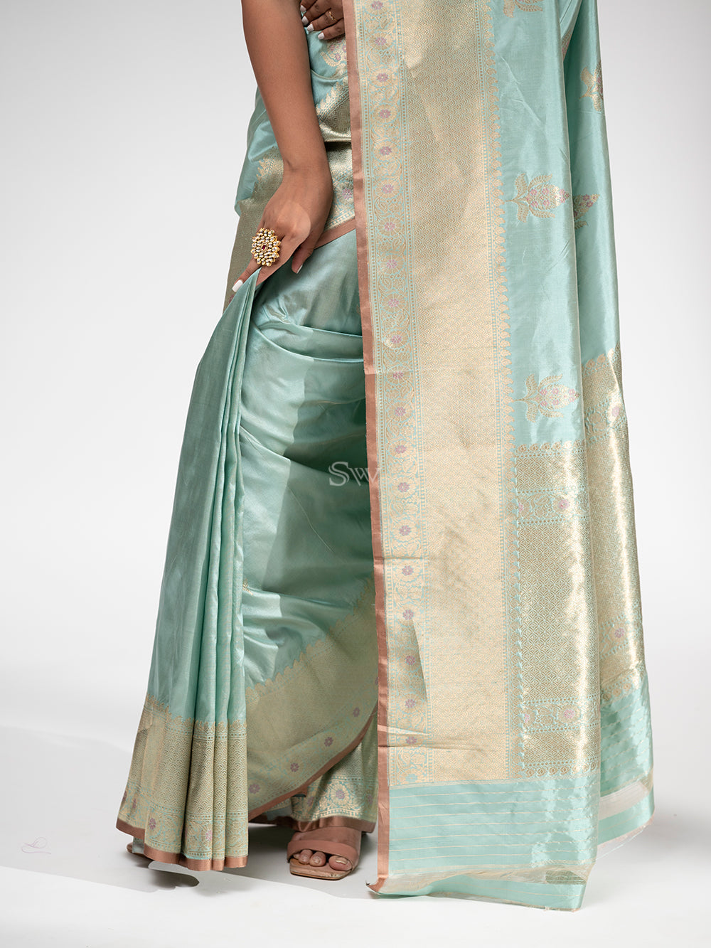Pastel Mint Blue Meenakari Katan Silk Handloom Banarasi Saree - Sacred Weaves
