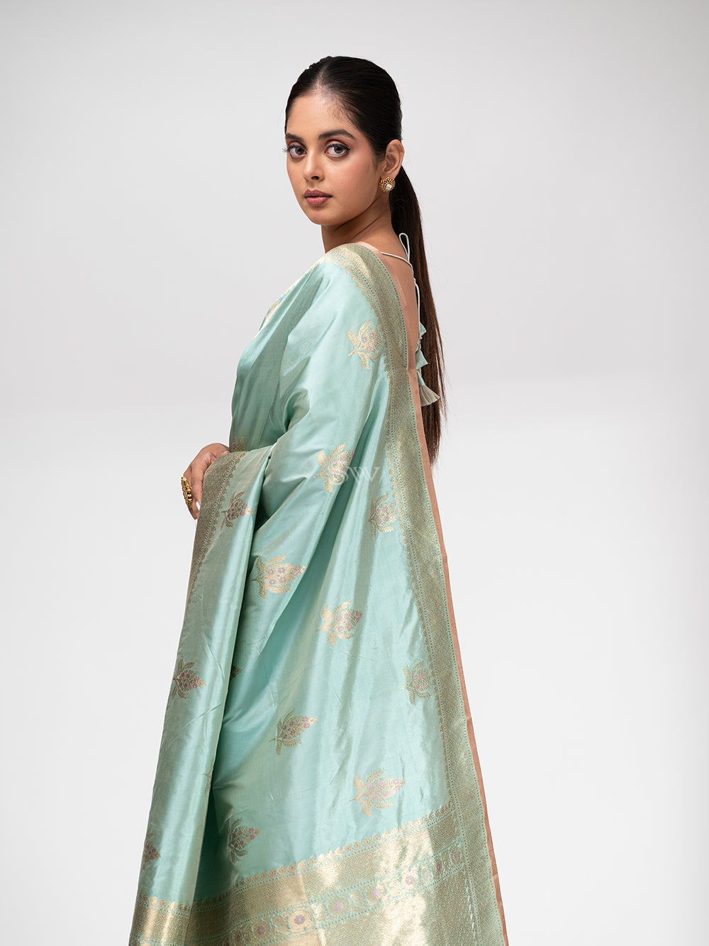 Pastel Mint Blue Meenakari Katan Silk Handloom Banarasi Saree - Sacred Weaves