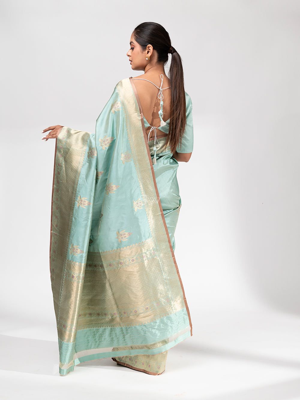 Pastel Mint Blue Meenakari Katan Silk Handloom Banarasi Saree - Sacred Weaves