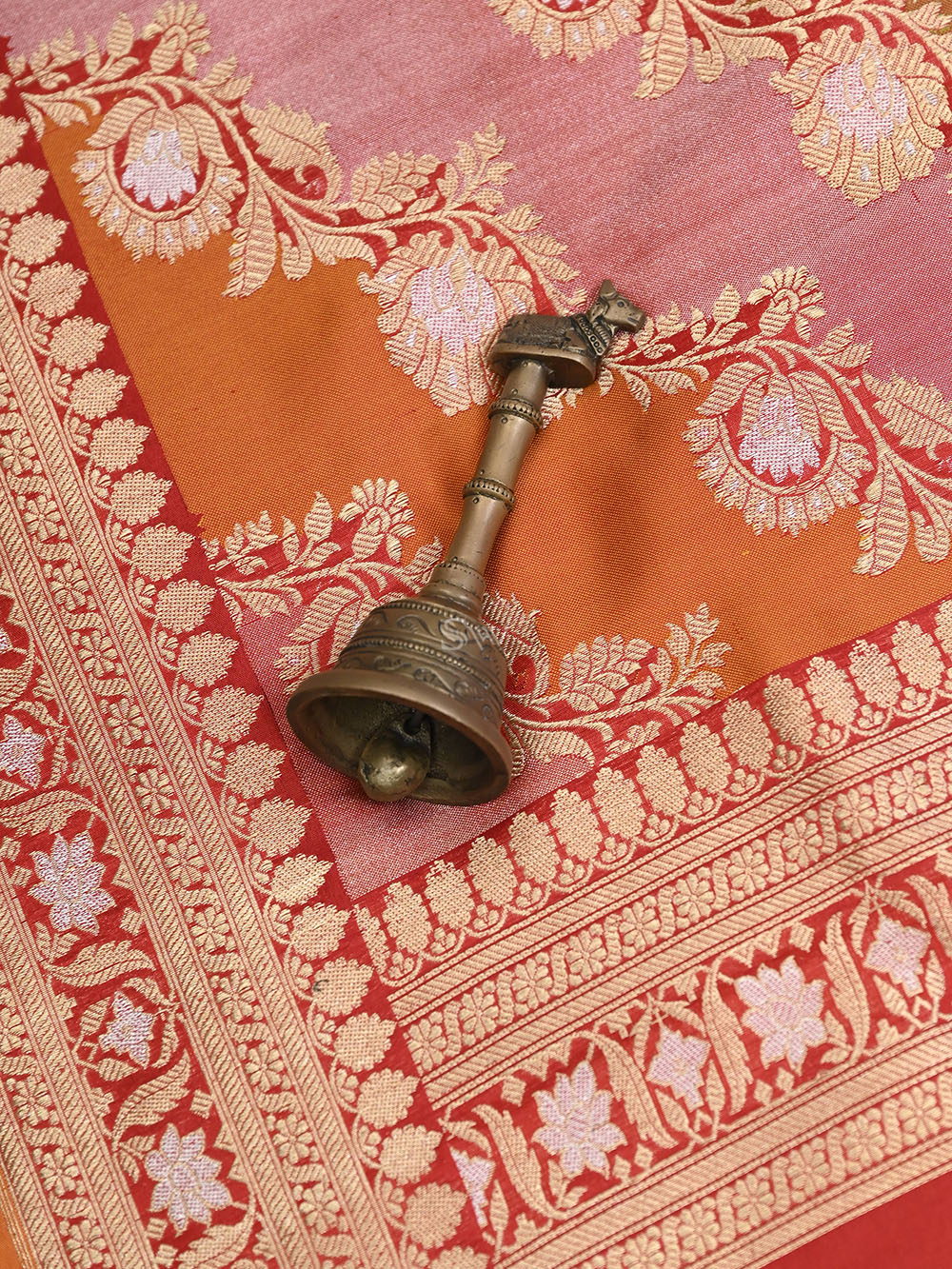 Magenta Pink Orange Jaal Katan Silk Handloom Banarasi Saree - Sacred Weaves