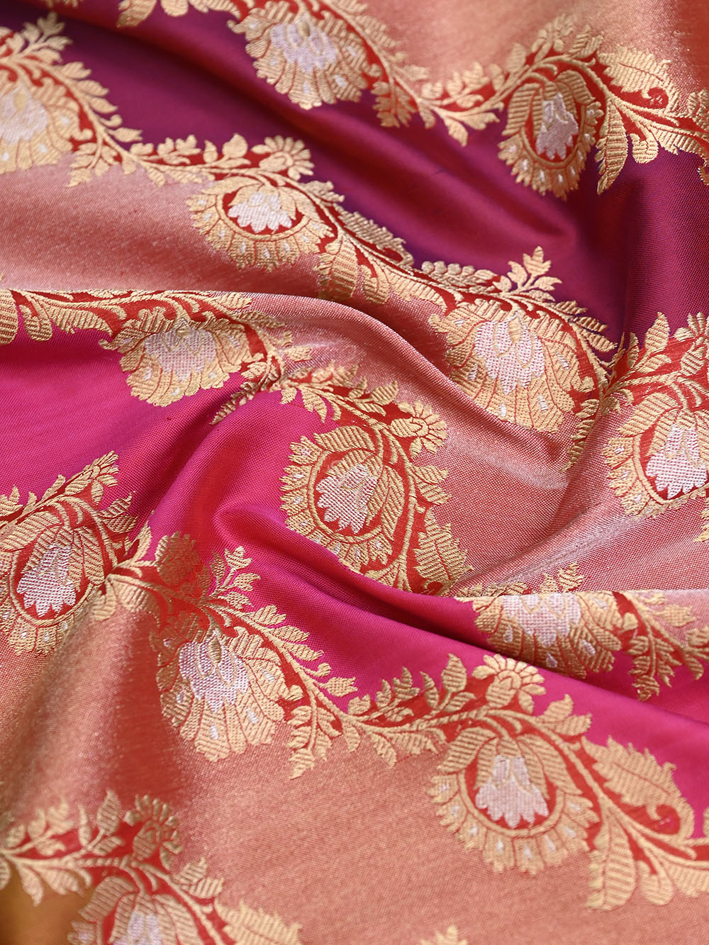 Magenta Pink Orange Jaal Katan Silk Handloom Banarasi Saree - Sacred Weaves